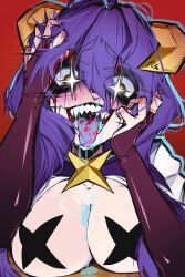 1girl ace_glitch bleeding blood blood_on_face blood_on_hands breasts bridal_gauntlets crazy_eyes cross cross_facial_mark cross_pasties drooling evil_smile excessive_saliva facial_mark fangs forward_facing_horns highres hiiragi_utena horns large_breasts long_hair magia_baiser mahou_shoujo_ni_akogarete messy_hair naughty_face open_mouth pasties purple_hair red_background saliva sharp_teeth smile solo sparkling_eyes teeth tongue tongue_out upper_body very_long_hair yellow_eyes