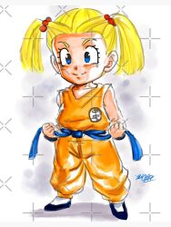 Rule 34 | 1girl, blonde hair, blue eyes, dougi, dragon ball, happy, marron (dragon ball), ready to train, smile, solo