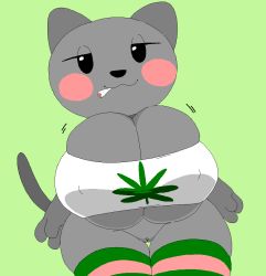 animal_ears animal_nose breasts cat dream-cassette furry furry_female green_background grey_fur half-closed_eyes joint_(drug) meme microsoft_paint_(medium) microsoft_paint_(software) nyan_cat pussy shirt simple_background smoke solo striped_clothes striped_thighhighs t-shirt thighhighs weeds white_shirt