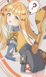 1girl animal_ear_fluff animal_ears blonde_hair colored_inner_hair gloves green_eyes highres jacket ju_fufu long_hair looking_at_viewer multicolored_hair open_mouth shirt shorts solo tail tiger_ears tiger_girl tiger_tail user_gxcc5235 white_hair zenless_zone_zero
