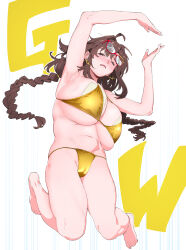 1girl absurdres ahoge armpits arms_up barefoot belly bikini blush braid breasts brown_hair commentary earrings eyewear_on_head floating_hair foot_up full_body furrowed_brow glasses gold_bikini gold_earrings golden_week half-closed_eye highres huge_breasts jewelry jumping keoya_(keoya_01) letter_earrings long_hair midair mole mole_under_mouth mother_(keoya) one_eye_closed original pasties plump red-framed_eyewear simple_background small_sweatdrop solo string_bikini swimsuit twin_braids twintails underboob white_background