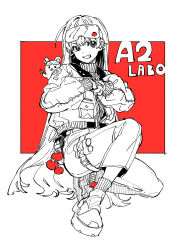 Rule 34 | 1girl, animal, arisaka ako, ear piercing, eyewear on head, full body, gloves, highres, jacket, long hair, long sleeves, mouse (animal), o-ring, o-ring thigh strap, open clothes, open jacket, original, own hands together, pants, parted lips, partially colored, piercing, puffy long sleeves, puffy sleeves, red background, seed, shoes, sneakers, socks, solo, squatting, sunflower seed, sweater, teeth, thigh strap, tomato