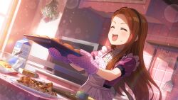 1girl apron bowl brown_hair center_frills child closed_eyes food forehead frills game_cg hairband holding idolmaster idolmaster_million_live! idolmaster_million_live!_theater_days milk_carton minase_iori official_art open_mouth oven_mitts plate puffy_sleeves solo spatula sunlight tile_wall tiles tray