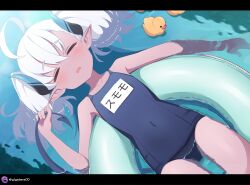 1girl ahoge blue_archive blue_one-piece_swimsuit closed_eyes dark-skinned_female dark_skin flat_chest giga-tera hair_between_eyes highres horns innertube long_hair lying on_back on_innertube one-piece_swimsuit pointy_ears rubber_duck school_swimsuit solo sumomo_(blue_archive) swim_ring swimsuit tail white_hair
