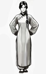 black_hair braid changpao china_dress chinese_clothes dress fighting_stance highres kokoro_no_koibito kung_fu long_hair long_sleeves martial_arts monk original self-upload shaolin_monk standing tangzhuang training