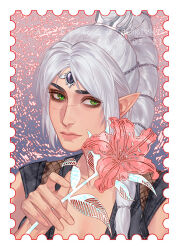 1girl baldur&#039;s_gate baldur&#039;s_gate_3 breasts dungeons_&amp;_dragons dungeons_&amp;_dragons elf flag06199497 flower green_eyes hair_ornament long_hair looking_at_viewer multi-tied_hair pointy_ears scar scar_on_face shadowheart_(baldur&#039;s_gate) smile solo