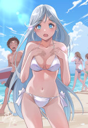 Rule 34 | 1boy, 3girls, beach, bikini, blue eyes, blue sky, breasts, cloud, commission, day, grey hair, hair ornament, hairclip, hands on own chest, highres, horizon, long hair, looking at viewer, medium breasts, multiple girls, nikulas cage, ocean, original, outdoors, pixiv commission, side-tie bikini bottom, sky, solo focus, surfboard, swimsuit, white bikini