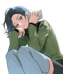 1girl black_hair blue_eyeshadow commentary_request comoli_harcourt eyeshadow forehead green_jacket gundam gundam_gquuuuuux highres jacket kitsune_(ly_howe) makeup military_jacket military_uniform mole mole_under_eye multicolored_eyes two-tone_eyes