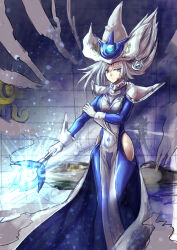 Rule 34 | 1boy, 1girl, absurdres, bare hips, blue dress, dress, duel monster, gloves, grey hair, hat, highres, hip vent, komakinyan, long hair, muto yugi, one-hour drawing challenge, silent magician, tabard, wand, white gloves, white hat, white tabard, wizard hat, yu-gi-oh!