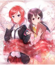10s 2girls absurdres bad_id bad_pixiv_id bass_clef beamed_quavers black_hair blue_eyes book closing_book crotchet_rest digital_media_player dress earphones flat_sign frilled_pillow frills heart heart-shaped_pillow highres hyugo love_live! love_live!_school_idol_project multiple_girls musical_note necktie nishikino_maki pillow quaver red_eyes red_hair shared_earphones sharp_sign sheet_music skirt smile treble_clef twintails yazawa_nico