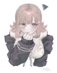 Rule 34 | 1girl, bikini, blush, breasts, brown hair, danganronpa (series), danganronpa 2: goodbye despair, flipped hair, galaga, hair ornament, hand up, jacket, long sleeves, looking at viewer, medium hair, nanami chiaki, neck ribbon, open clothes, open jacket, pink eyes, ribbon, shirt, solo, swimsuit, v0 id11, white bikini