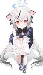 1girl absurdres animal_ears black_dress black_hair blue_archive blue_halo china_dress chinese_clothes commentary diamond_cutout dress grey_hair halo highres holding holding_paper jacket kokona_(blue_archive) long_hair looking_at_viewer marriage_certificate marriage_proposal miyayoki multicolored_hair orange_eyes paper pelvic_curtain shadow solo streaked_hair striped_clothes striped_dress striped_jacket tiger_ears tiger_girl vertical-striped_clothes vertical-striped_dress vertical-striped_jacket very_long_hair white_background