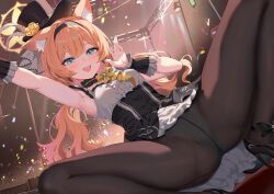 1girl animal_ears arm_up armpits black_dress black_hat black_pantyhose blue_archive blue_eyes bow cat_ears cat_girl commentary_request dress grey_dress hat hokori_sakuni long_hair looking_at_viewer low_twintails mari_(blue_archive) mari_(idol)_(blue_archive) mini_hat mini_top_hat official_alternate_costume official_alternate_hairstyle open_mouth orange_hair panties panties_under_pantyhose pantyhose smile solo spread_legs squatting stage top_hat twintails two-tone_dress underwear yellow_bow