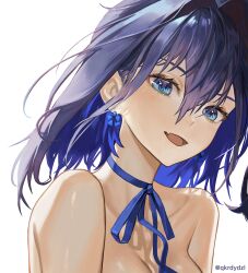 1girl :d blue_eyes blue_hair blue_ribbon bow bow_earrings breasts collarbone commentary earrings english_commentary fang hair_between_eyes hair_intakes highres hololive hololive_english jewelry looking_at_viewer medium_hair neck_ribbon nude open_mouth ouro_kronii ouro_kronii_(1st_costume) ribbon santafe99 simple_background smile solo tongue twitter_username virtual_youtuber white_background