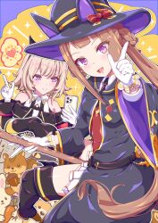 2girls boots breasts broom broom_riding brown_hair cellphone curren_chan_(umamusume) gloves grey_hair hair_between_eyes hair_ornament hair_rings hat heart highres horse_girl kan_lee looking_at_viewer multiple_girls phone simple_background small_breasts smile spoken_heart sweep_tosho_(umamusume) thigh_boots twintails umamusume witch_hat