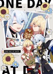 2boys absurdres amamizu_(shigure-doki) antenna_hair arm_tattoo armlet armor bare_pectorals black_choker black_coat black_pants black_shirt blonde_hair blue_cape blue_eyes braid cape chest_tattoo choker coat commentary_request crossed_arms earrings facial_tattoo food gold_armlet gold_earrings gold_necklace gradient_hair hair_between_eyes highres holding holding_plate honkai:_star_rail honkai_(series) jewelry male_focus medium_hair multicolored_hair multiple_boys mydei_(honkai:_star_rail) necklace one_eye_closed open_clothes open_coat open_mouth pancake pancake_stack pants pauldrons pectorals phainon_(honkai:_star_rail) photo_(object) plate red_hair red_tattoo shirt short_hair shoulder_armor side_braid single_pauldron tattoo white_coat white_hair yellow_eyes