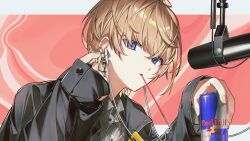 1boy absurdres black_jacket blonde_hair blue_eyes buttons can collared_shirt earrings food food_in_mouth fura_kanato fura_kanato_(3rd_costume) hand_up headphones highres holding holding_can jacket jewelry jisshu letterboxed looking_at_viewer male_focus medium_hair microphone mouth_hold nijisanji pink_background pocky pocky_in_mouth red_bull shirt sleeves_past_wrists solo studio_microphone upper_body virtual_youtuber white_shirt