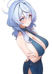 ako_(blue_archive) ako_(dress)_(blue_archive) arms_under_breasts backless_dress backless_outfit bare_shoulders blue_archive blue_dress blue_eyes blue_hair blue_halo blush breasts clenched_teeth commentary crossed_arms dress earrings evening_gown hairband halo highres holika_baby huge_breasts jewelry medium_hair official_alternate_costume plunging_neckline side_slit sideboob sideless_dress sideless_outfit simple_background sleeveless sleeveless_dress sweatdrop teeth white_background