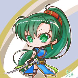 Rule 34 | 1girl, blue dress, dress, earrings, fire emblem, fire emblem: the blazing blade, fire emblem warriors, green eyes, green hair, griffonmask11, high ponytail, highres, holding, holding sword, holding weapon, jewelry, long hair, lyn (fire emblem), nintendo, ponytail, smile, sword, weapon
