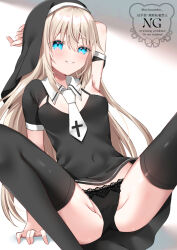 Rule 34 | 1girl, arm support, armpits, arms behind head, black dress, black panties, black thighhighs, black veil, blonde hair, blue eyes, covered navel, cross, dress, hair between eyes, indie virtual youtuber, lace, lace-trimmed panties, lace trim, legs, long hair, looking at viewer, nun, original, panties, parted lips, short sleeves, smile, solo, spread legs, thighhighs, traditional nun, uchuuneko, uchuuneko (vtuber), underwear, veil