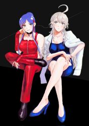 Rule 34 | 2girls, ahoge, alternate costume, black background, black choker, black eyes, black footwear, blue dress, blue footwear, blue hair, blue nails, breasts, choker, closed mouth, crossed legs, dress, full body, grey hair, heart lock (kantai collection), high heels, highres, jacket, jacket on shoulders, kantai collection, large breasts, legs, long hair, looking at viewer, multicolored hair, multiple girls, nidou, pants, red hair, red nails, red pants, simple background, sitting, sleeveless, south dakota (kancolle), star (symbol), washington (kancolle), white hair, white jacket