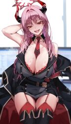 1girl absurdres black_dress black_gloves blue_archive boots breasts cleavage coat commentary_request dress eichi_(yashokuya) gloves halo highres horns huge_breasts long_hair looking_at_viewer mole mole_on_breast necktie open_mouth pink_hair red_eyes red_necktie red_thighhighs satsuki_(blue_archive) sitting smile solo thigh_boots thighhighs