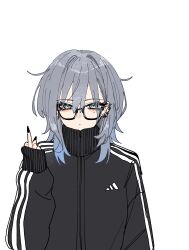 1girl absurdres adidas black_track_suit ear_piercing earrings expressionless glasses gradient_hair grey_hair gyaru haimiya_mio_(kamiyama_sumu) hair_between_eyes highres jewelry kamiyama_sumu long_sleeves medium_hair middle_finger mole multicolored_hair original piercing striped_clothes stud_earrings track_suit white_background white_stripes