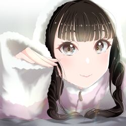 Rule 34 | 1girl, absurdres, animification, blunt bangs, blush, closed mouth, commentary request, fur jacket, grey eyes, highres, hood, hood up, jacket, long sleeves, looking at viewer, low twintails, lying, nonaka kokona, on stomach, pink jacket, real life, shirane nanimo, sleeves past wrists, smile, solo, twintails, upper body, voice actor