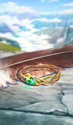 blue_sky blurry blurry_background brown_feathers cloud commentary day diffraction_spikes fate/grand_order fate_(series) feathers gem gold_ring green_gemstone lasengle no_humans object_focus official_art outdoors scenery sky sparkle still_life sunlight third-party_source unworn_ring