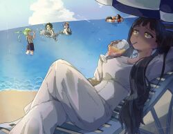 2boys 2girls beach beach_umbrella black_hair blue_eyes blue_hair blue_sky breasts closed_eyes closed_mouth dark-skinned_female dark_skin day desscaras drinking earrings gokuraku_(madan_no_ichi) green_hair hair_bun highres holding horizon ichi_(madan_no_ichi) jewelry kumugi_(madan_no_ichi) long_hair long_sleeves looking_at_viewer madan_no_ichi multicolored_hair multiple_boys multiple_girls ocean open_mouth outdoors sand shirt short_hair sky smile tsukuno twintails umbrella very_dark_skin water witch yellow_eyes
