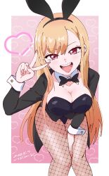 Rule 34 | 1girl, absurdres, animal ear hairband, animal ears, artist name, between legs, black bow, black bowtie, black jacket, black leotard, blonde hair, border, bow, bowtie, breasts, cleavage, dated, detached collar, fake animal ears, fishnet pantyhose, fishnets, hairband, hand between legs, heart, highres, jacket, kitagawa marin, leaning forward, leotard, long hair, open mouth, outside border, pantyhose, pink background, playboy bunny, rabbit ear hairband, rabbit ears, red eyes, solo, sono bisque doll wa koi wo suru, teeth, tsunemoku, upper teeth only, white border