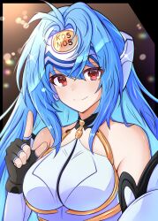 1girl absurdres android arm_up black_border black_gloves blue_hair border breasts closed_mouth commentary commission english_commentary fingerless_gloves forehead_protector gloves hair_between_eyes highres index_finger_raised kos-mos large_breasts long_hair looking_at_viewer mrrollingcircle outside_border red_eyes smile solo upper_body xenosaga xenosaga_episode_i