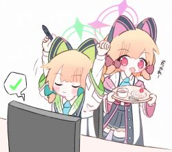 2girls animal_ear_headphones animal_ears aqua_necktie arms_up black_coat black_skirt black_thighhighs blonde_hair blue_archive blush_stickers bow cake cake_slice cat_ear_headphones cat_ears clenched_hand closed_eyes closed_mouth coat coffee collared_shirt commentary cup dot_nose fake_animal_ears food fork frilled_skirt frills green_bow green_coat green_halo hair_bow halo headphones highres holding holding_stylus holding_tray layered_sleeves long_sleeves looking_at_another low-tied_sidelocks medium_hair midori_(blue_archive) miniskirt momoi_(blue_archive) monitor multicolored_coat multiple_girls necktie off_shoulder on_chair onrataon open_clothes open_coat open_mouth parted_bangs pink_coat pink_eyes pink_halo pleated_skirt red_bow school_uniform shirt siblings sidelocks simple_background sisters sitting skirt smile stylus suspender_skirt suspenders tareme thighhighs tray twins two-sided_coat two-sided_fabric u_u white_background white_coat white_shirt wide_sleeves zettai_ryouiki