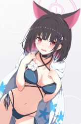 Rule 34 | 1girl, animal ears, bikini, black choker, black hair, blue archive, blue bikini, blush, breasts, cat ears, cat girl, choker, clenched hands, colored inner animal ears, colored inner hair, commentary, cosplay, cowboy shot, criss-cross halter, dutch angle, ear piercing, earrings, extra ears, fang, flower, flower bikini, furrowed brow, gluteal fold, grey background, hair behind ear, hair ornament, hairclip, halo, halterneck, hands up, highres, jewelry, kame (nokonoko10271), kazusa (blue archive), kikyou (blue archive), kikyou (blue archive) (cosplay), kikyou (swimsuit) (blue archive), large breasts, lens flare, looking at viewer, multi-strapped bikini bottom, multi-strapped bikini top, multicolored hair, multiple views, navel, open mouth, piercing, pink hair, pink halo, red eyes, side-tie bikini bottom, simple background, skin fang, stomach, straight hair, stud earrings, swimsuit, two-tone hair, white background, white flower