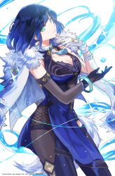 1girl absurdres airagency1005 artist_name asymmetrical_gloves bangle bead_choker beads black_bodysuit black_gloves blue_hair bodysuit bracelet breasts cleavage closed_mouth cowboy_shot diagonal_bangs dice elbow_gloves fingerless_gloves fishnets fur-trimmed_jacket fur_trim genshin_impact gloves green_eyes hand_up highres hip_vent jacket jacket_on_shoulders jewelry large_breasts looking_at_viewer mismatched_gloves mole mole_on_breast neck_ring neck_tassel pelvic_curtain short_hair sideways_glance simple_background single_elbow_glove single_fingerless_glove smile solo thighs water white_background white_gloves white_jacket yelan_(genshin_impact)