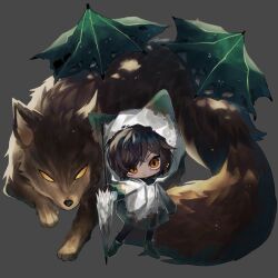 1girl :&lt; animal_ears boots brown_eyes brown_hair chibi cloak closed_mouth drawstring drifting_fox e.g.o_(project_moon) fox fox_ears fox_tail full_body green_boots grey_background hood hood_up hooded_cloak limbus_company looking_at_viewer outis_(project_moon) project_moon rubber_boots short_hair simple_background solo sunshower_(e.g.o) tail white_cloak yippee