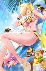 1girl ahoge ass beach_chair blonde_hair blue_sky blush breasts clothing_cutout crocs day doro_(nikke) elegg_(boom_and_shock)_(nikke) elegg_(nikke) fang food gloves goddess_of_victory:_nikke hair_intakes hair_over_eyes hanh_chu heart_cutout highres large_breasts leg_tattoo long_bangs looking_at_viewer multicolored_hair navel open_mouth outdoors parfait purple_eyes rainbow see-through_slingshot_swimsuit short_hair sitting skindentation sky slingshot_swimsuit smile swimsuit tattoo thighs two-sided_gloves two-tone_hair underboob v wet yellow_gloves yellow_slingshot_swimsuit