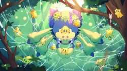galvantula gen_5_pokemon highres joltik nintendo no_humans outdoors pokemon pokemon_(creature) signature silk spider_web taplaos tree