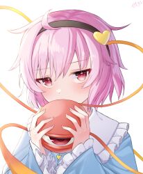 1girl ahoge amakusa_setoka black_hairband blouse blue_shirt blush buttons commentary_request covering_own_mouth frilled_shirt_collar frilled_sleeves frills hair_ornament hairband headband heart heart_hair_ornament highres komeiji_satori long_sleeves looking_at_viewer pink_eyes pink_hair shirt short_hair signature solo third_eye touhou upper_body white_background wide_sleeves