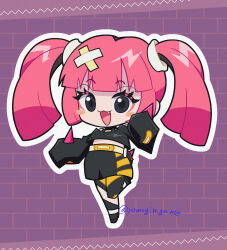 1girl :d absurdres bandaid bandaid_hair_ornament black_eyes black_hair black_shirt black_skirt blush_stickers chibi chibi_only coral_(pokemon) eyelashes fang hair_ornament highres leg_up long_sleeves looking_at_viewer midriff nintendo open_mouth outline pink_hair pokemon pokemon_(anime) pokemon_horizons shirt skirt sleeves_past_fingers sleeves_past_wrists smile solo twintails twitter_username white_outline yomogin_game