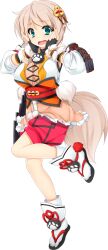 1girl armor bare_shoulders breasts detached_sleeves dog_tail fang full_body green_eyes grey_hair hair_between_eyes hair_ornament hands_on_own_cheeks hands_on_own_face japanese_clothes large_breasts leg_up maeda_matazaemon_wanko_toshie mtu_(orewamuzituda) obi open_mouth sandals sash sengoku_koihime short_hair shorts shoulder_armor simple_background smile solo standing standing_on_one_leg tabi tail transparent_background