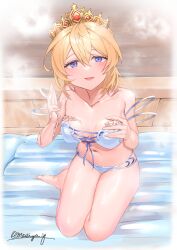 Rule 34 | 1girl, artist name, bare shoulders, bikini, blonde hair, blue eyes, breasts, breasts apart, collarbone, europa (granblue fantasy), europa (summer) (granblue fantasy), granblue fantasy, highres, looking at viewer, medium breasts, medium hair, meshiya, navel, open mouth, signature, sitting, solo, swimsuit, thighs, tiara, white bikini