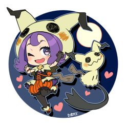 1girl ;d acerola_(fall_2020)_(pokemon) acerola_(pokemon) bad_id bad_pixiv_id bead_bracelet beads black_gloves black_pantyhose bracelet capelet chibi claw_pose commentary_request eyelashes gen_7_pokemon gloves grey_eyes hands_up heart hood hood_up hooded_capelet jewelry mimikyu mitsu_(mitu_328) multicolored_footwear nintendo official_alternate_costume one_eye_closed open_mouth orange_shorts pantyhose pantyhose_under_shorts pokemon pokemon_(creature) pokemon_masters_ex purple_hair shoes shorts signature single_glove smile striped_clothes striped_shorts themed_object tongue vertical-striped_clothes vertical-striped_shorts waist_cape