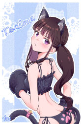 10ttruck 1girl :&lt; animal_ears animal_hands ass black_bra black_choker black_hair black_panties blush bra butt_crack cat_ears cat_tail character_name choker closed_mouth commentary fake_animal_ears fake_tail gloves highres inoue_takina long_hair looking_at_viewer lycoris_recoil panties paw_gloves purple_eyes solo tail twintails underwear underwear_only
