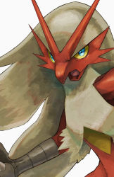 blaziken blue_eyes claws colored_sclera commentary_request creatures_(company) game_freak gen_3_pokemon grey_fur highres kikuyoshi_(tracco) nintendo open_mouth pokemon pokemon_(creature) simple_background solo tongue upper_body white_background yellow_sclera