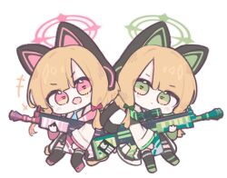 +++ 2girls animal_ear_headphones animal_ears aqua_necktie backpack bag battle_rifle black_jacket black_shorts black_skirt black_thighhighs blonde_hair blue_archive blunt_bangs blush bow cat_ear_headphones cat_ears chibi chibi_only closed_mouth commentary eyes_visible_through_hair fake_animal_ears frilled_jacket frills full_body green_bow green_eyes green_halo green_jacket green_shoes gun h&amp;k_g3 hair_bow halo head_tilt headphones holding holding_gun holding_weapon jacket long_sleeves looking_at_viewer low-tied_sidelocks midori_(blue_archive) momoi_(blue_archive) multicolored_jacket multiple_girls necktie open_clothes open_jacket open_mouth osorii parted_bangs pink_eyes pink_halo pink_jacket pink_shoes pleated_skirt red_bow rifle school_uniform shirt shoes shorts siblings side-by-side sidelocks simple_background sisters skirt smile suspender_skirt suspenders thighhighs twins v-shaped_eyebrows weapon white_background white_jacket white_shirt wide_sleeves