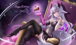1girl animal_ears bare_shoulders black_nails black_thighhighs breasts breasts_apart cake cake_slice commentary cowlick demon_horns english_commentary finger_to_mouth fingernails food foot_out_of_frame grey_hair grey_tail hair_between_eyes hair_intakes hand_up happy_birthday highres horns indie_virtual_youtuber long_hair looking_at_viewer medium_breasts nail_polish no_shoes parted_lips pr_ponnyan purple_eyes sitting smile solo thighhighs very_long_hair