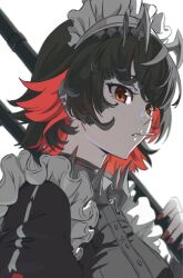 1girl black_hair colored_inner_hair dress ellen_joe gyuhii highres maid maid_headdress multicolored_hair red_eyes red_nails shark_girl short_hair white_background zenless_zone_zero