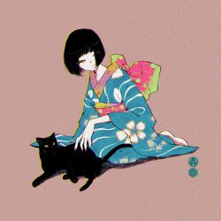 1girl absurdres animal artist_logo asagiwa_ico barefoot black_cat black_hair blue_kimono bob_cut cat feet floral_print floral_print_kimono floral_print_sash full_body highres japanese_clothes kimono logo looking_at_viewer obi original print_kimono red_sash sash short_hair sitting solo