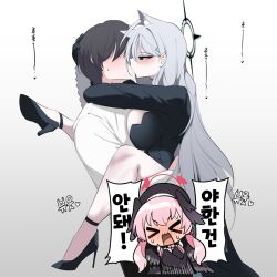 1boy 2girls animal_ears beret black_dress black_hair black_halo blue_archive chibi dress grey_hair halo hat high_heels highres jahe_(73732258) kiss koharu_(blue_archive) korean_text long_hair male_sensei_(blue_archive) multiple_girls pink_hair shirt short_hair simple_background white_background white_shirt